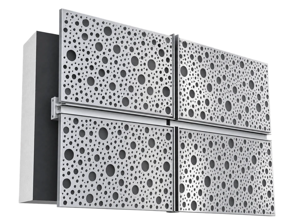 Perforated metal facade panels on brackets