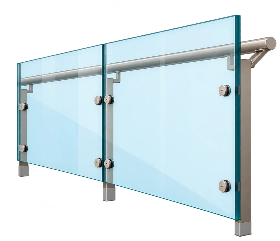 Glass balustrade railing with stainless handrail and point fixings