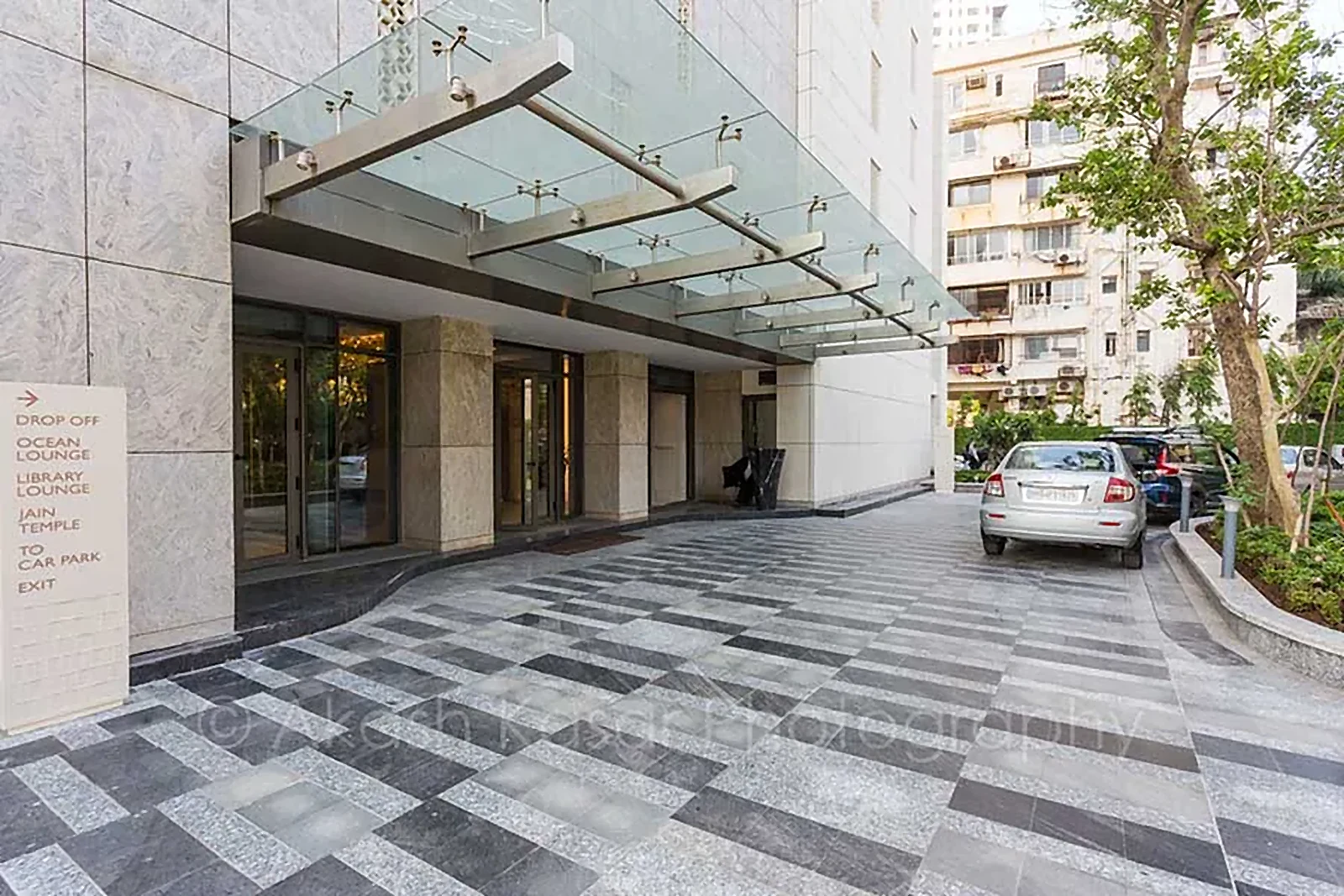 Glass canopy over the building entrance