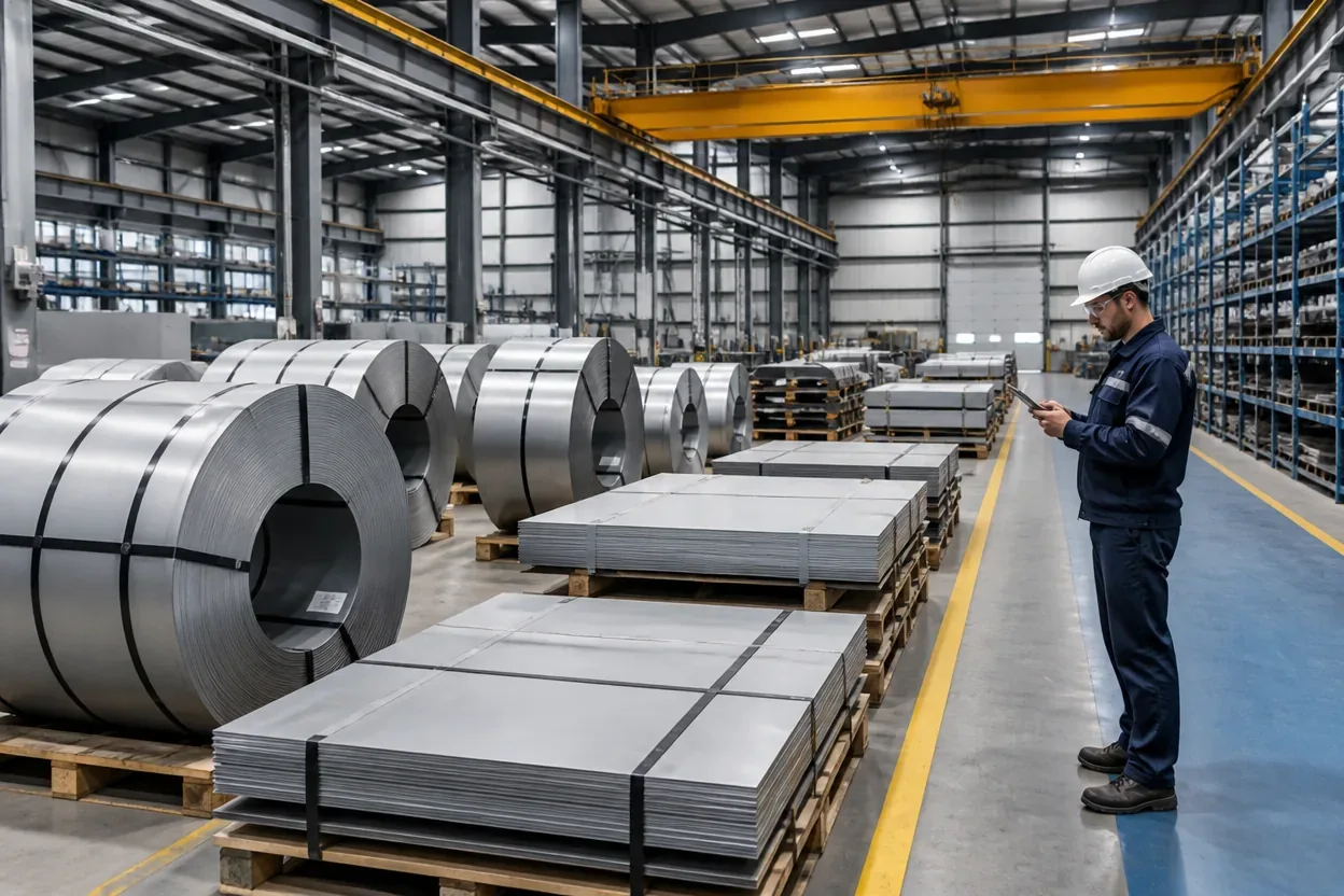 Inspector checking certified steel coils in a mill warehouse