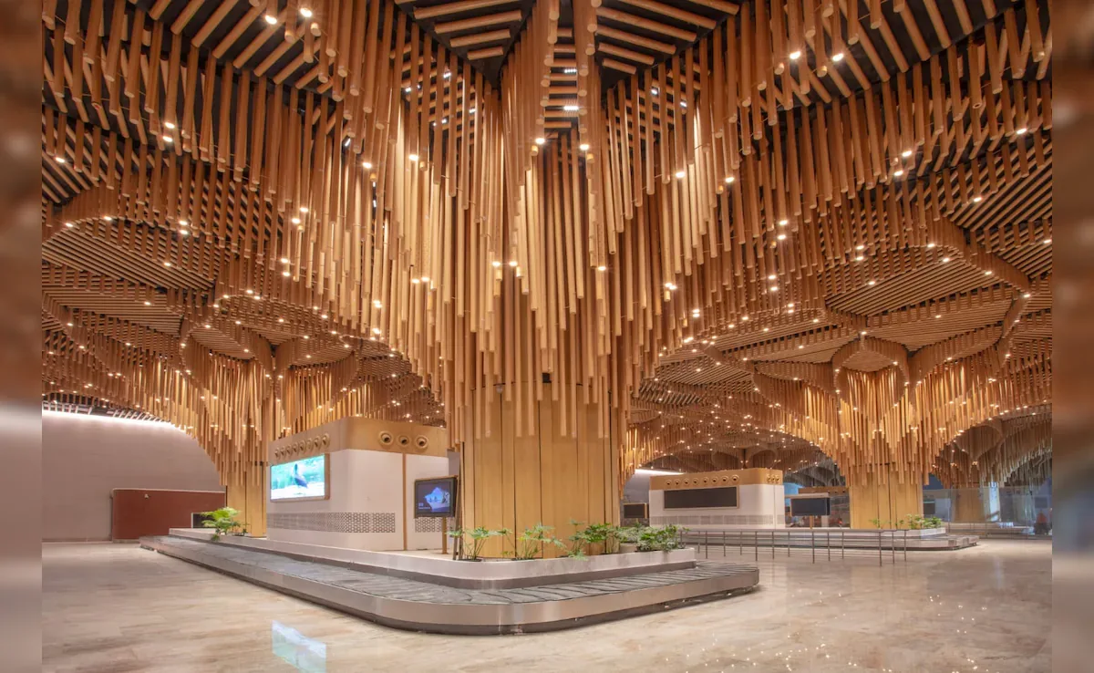 Timber-slat tree structure in the Guwahati Airport terminal