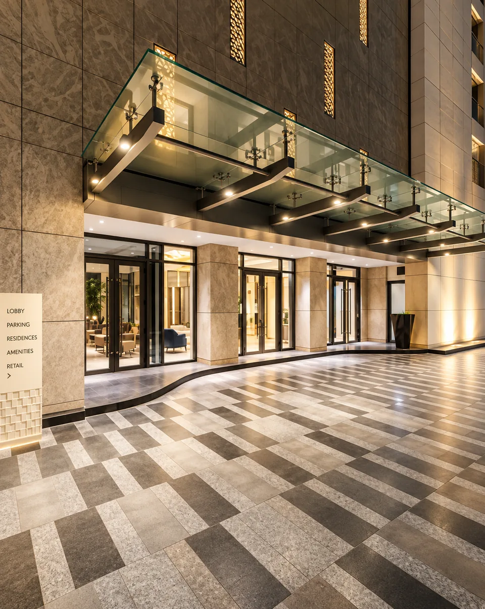 Glass canopy over the entrance at Lodha Malabar