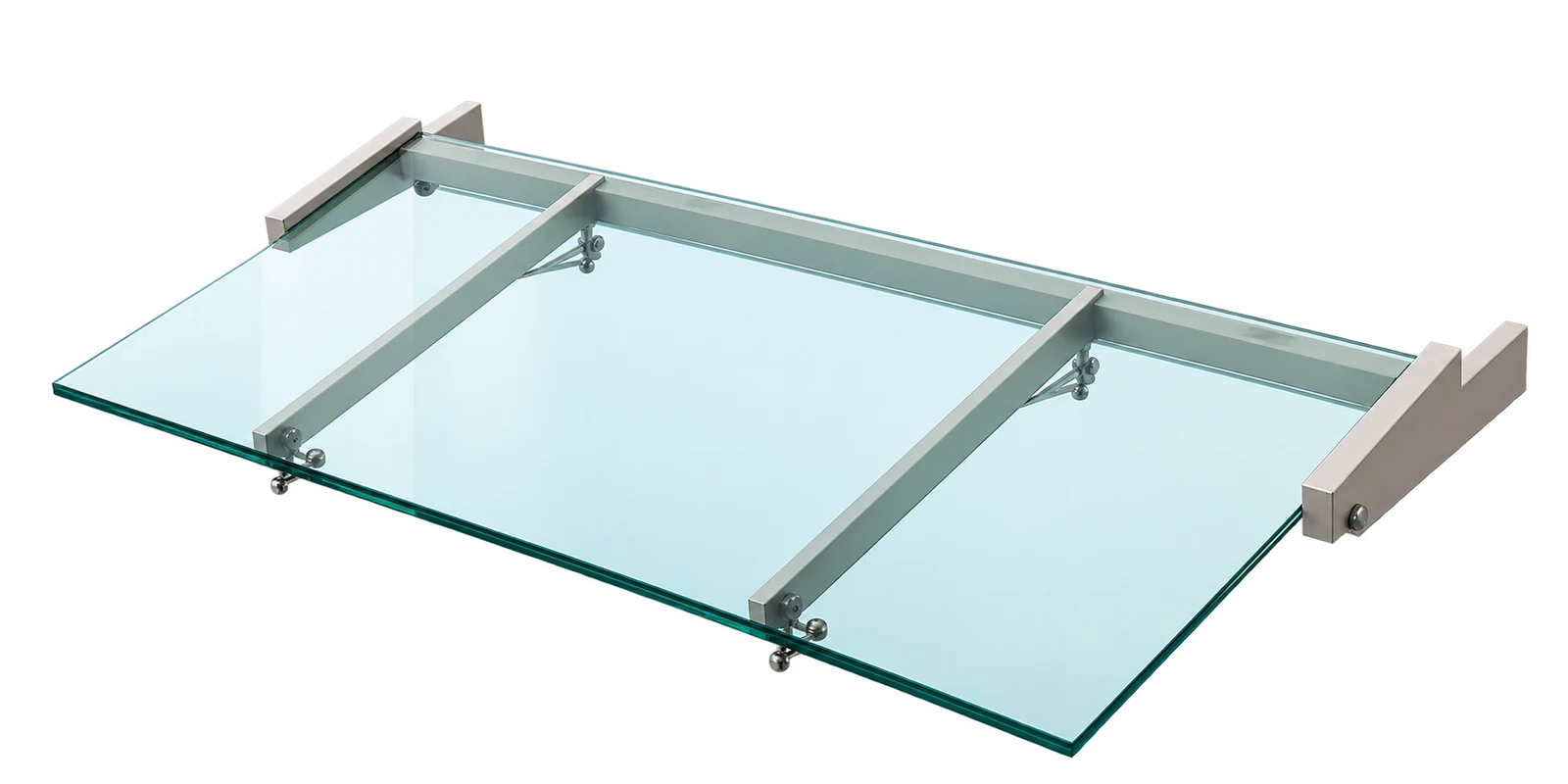 Glass canopy on stainless support arms